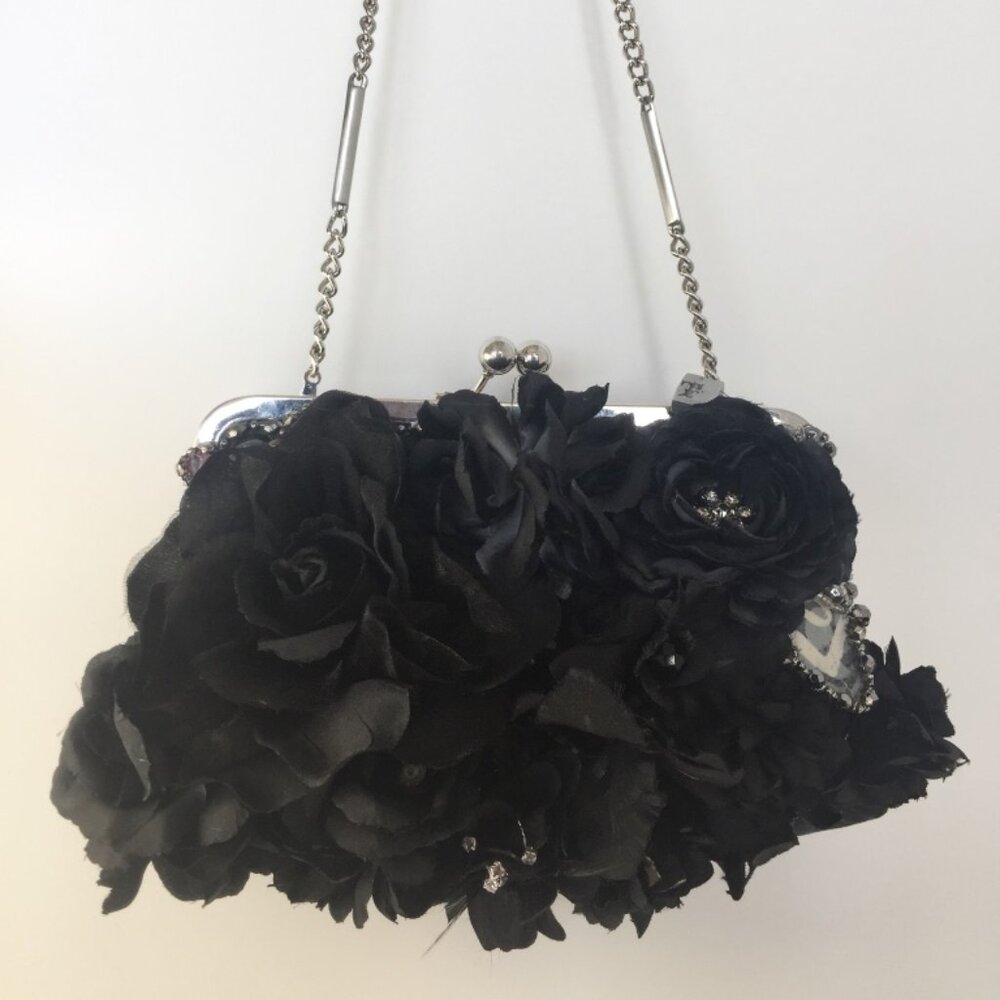 Gorgeous Upcycled Evening Purse Loaded with Mostly Black Flowers Appliqués